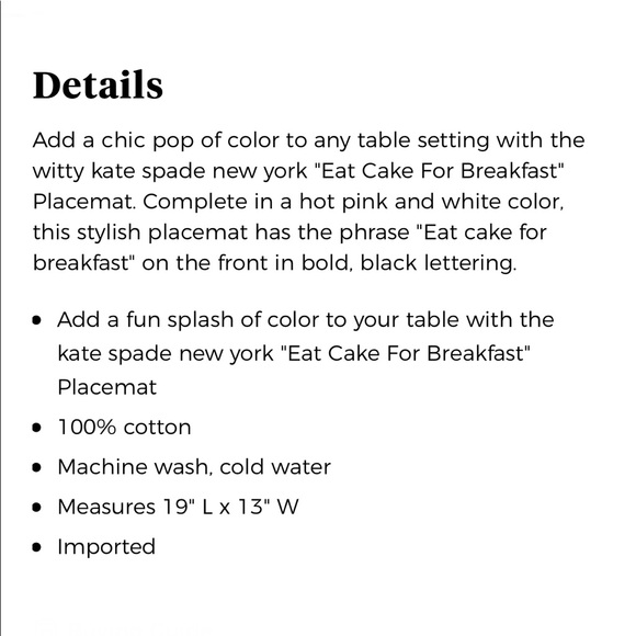 KATE SPADE Eat Cake For Breakfast Placemat - Picture 3 of 3